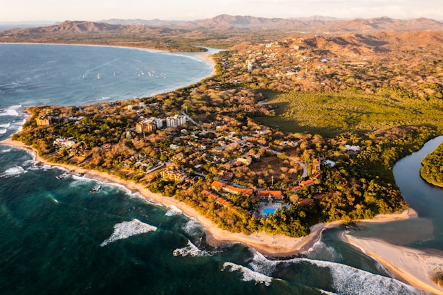 aerial view of Guanacaste, Costa Rica coastline at sunset